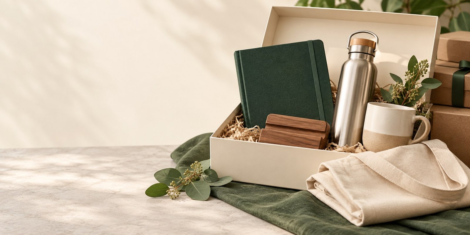 Illustrative corporate gift box with notebook, reusable bottle, mug and cotton tote