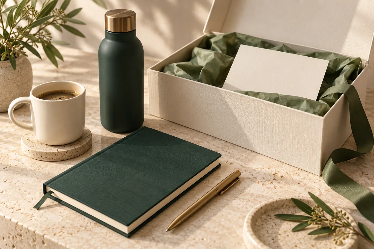 Illustrative curated gift concept with notebook, bottle, mug and gift box